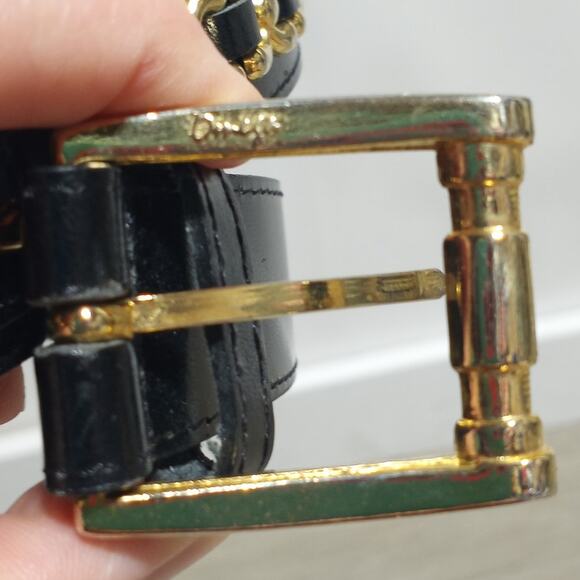 Omega Genuine Bonded Black Leather Belt with Gold X Trim and Buckle Size Medium - Picture 9 of 9